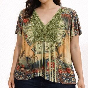 One World Earthy Tones Patterned Blouse 1X top